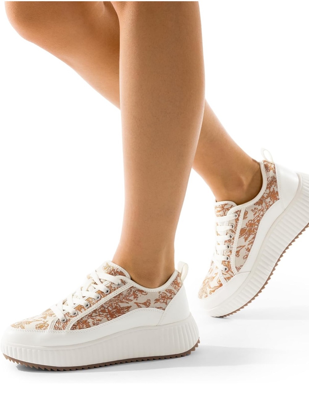 Dream Pairs White & Tan Floral Platform Sneakers